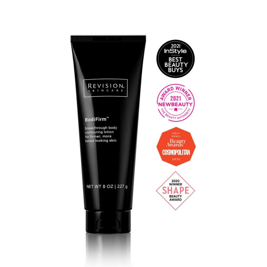 19 Luxurious Birmingham FINDS for the Holidays - 12 A black tube of Revision Skincare BodiFirm lotion is shown, surrounded by four beauty award badges—a must-have for holiday finds or adding a touch of luxurious Birmingham style to your skincare collection.
