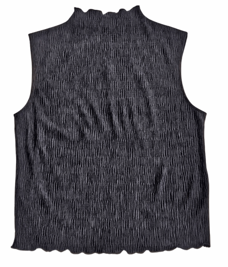 50 Under $50: Your BHAM Holiday Gift Guide - 21 Sleeveless black top with a mock neck and textured, crinkled fabric—an elegant pick for gifts under $50, displayed flat on a white background.