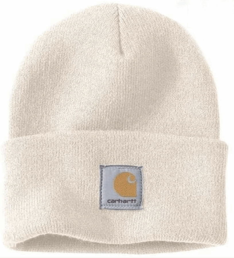 50 Under $50: Your BHAM Holiday Gift Guide - 42 A cream-colored knit beanie with a folded brim and a Carhartt logo patch on the front—perfect for gifts under $50 or adding to your Birmingham Holiday Gift Guide.