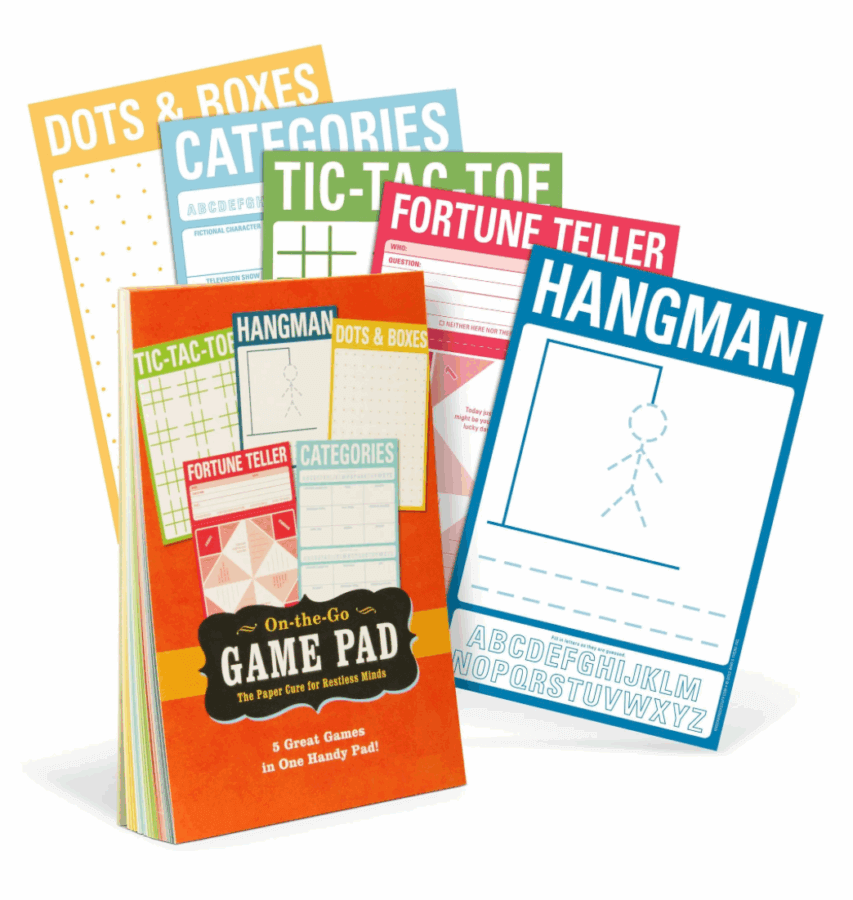 50 Under $50: Your BHAM Holiday Gift Guide - 49 A set of colorful game pads titled "On-the-Go Game Pad," perfect for holiday gifts or gifts under $50, featuring sheets for games like Hangman, Tic-Tac-Toe, Dots & Boxes, Categories, and Fortune Teller.