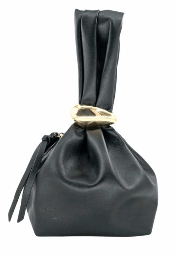 50 Under $50: Your BHAM Holiday Gift Guide - 12 A black leather pouch-style handbag with a gathered top secured by a large gold ring and a side zipper pull.