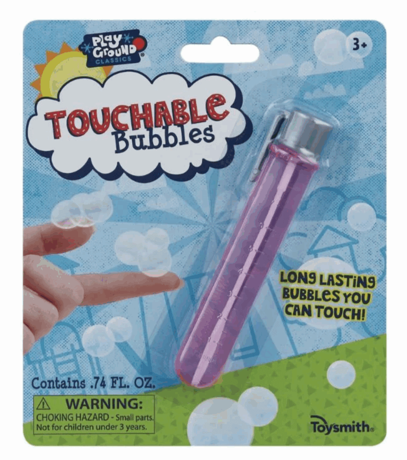 50 Under $50: Your BHAM Holiday Gift Guide - 46 A package labeled "Touchable Bubbles" containing a pink bubble solution tube—perfect for holiday gifts or as a fun find in the Birmingham gift guide. Includes a warning for small parts and is suitable for children ages 3 and up.