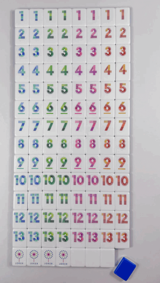 19 Luxurious Birmingham FINDS for the Holidays - 19 A set of numbered Rummikub tiles arranged in order from 1 to 13 in four colors, with two jokers at the bottom and a blue tile rack in the lower left corner—perfect for luxurious holidays or family game nights in Birmingham.