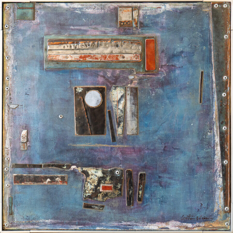 23 Luxurious Nashville FINDS for Holiday 2025 - 24 Abstract mixed-media artwork with a luxe blue textured background, featuring rectangular and circular shapes in various colors and metallic tones, inspired by the vibrant spirit of Nashville.