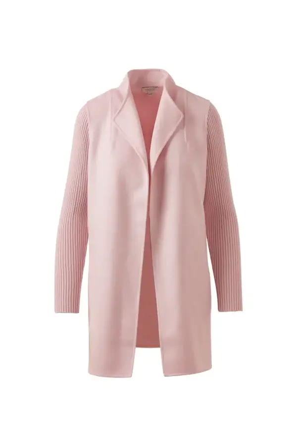 23 Luxurious Nashville FINDS for Holiday 2025 - 4 Luxe light pink open-front cardigan with ribbed long sleeves and a collar, perfect for layering during the holiday season, displayed on a plain white background.