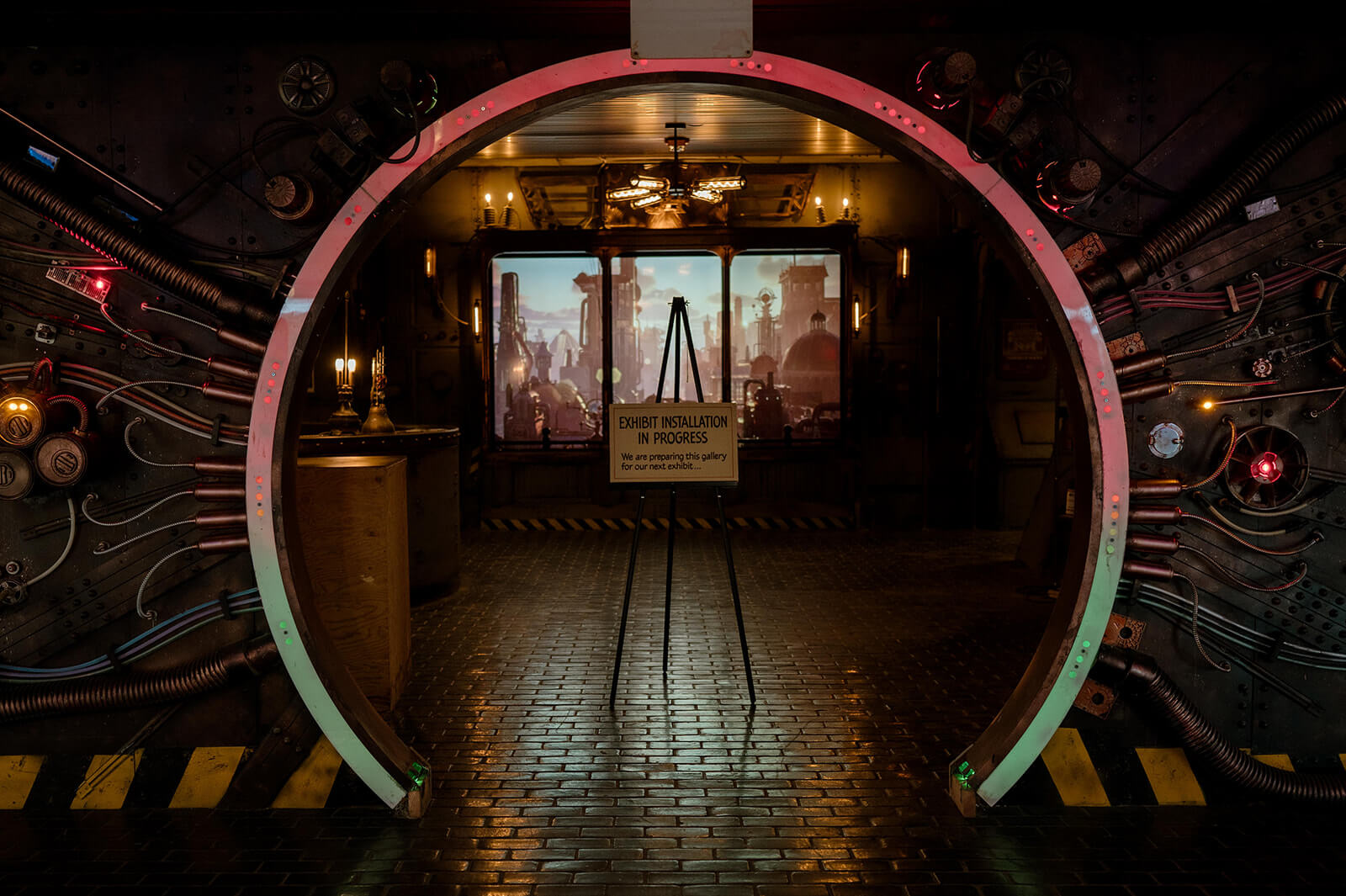 A Sneak Peek at Memphis's Most Buzzed-About New Experience - 2 A circular doorway with colorful lights and wires leads to a room labeled "Exhibit Installation in Progress," where all ages can glimpse an adventure unfolding on a screen displaying an industrial city from Baron Von Opperbean's world.