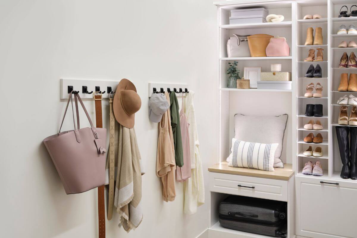 A modern entryway with hooks holding hats, bags, and scarves, next to built-in shelves displaying shoes, bags, and a cushioned bench—perfect for homeowners seeking smart home organization solutions.