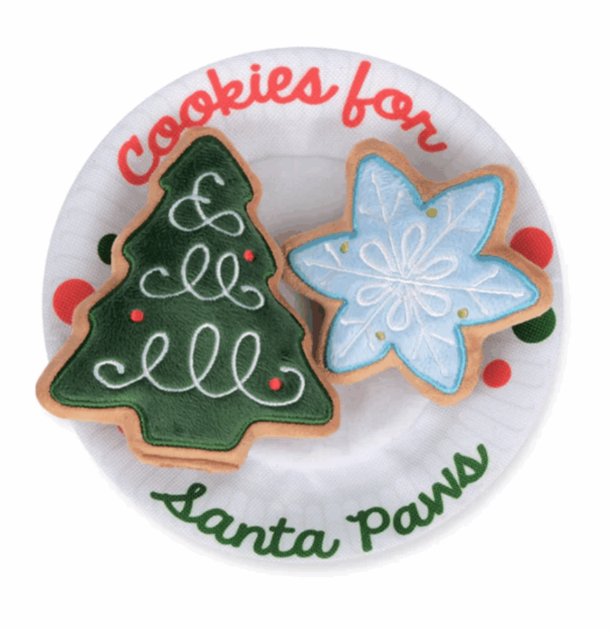 50 Under $50: Your Nashville Holiday Gift Guide - 51 A plate with "Cookies for Santa Paws" text holds a green Christmas tree cookie and a blue snowflake cookieβan adorable holiday gift guide pick from Nashville, perfect for under $50.