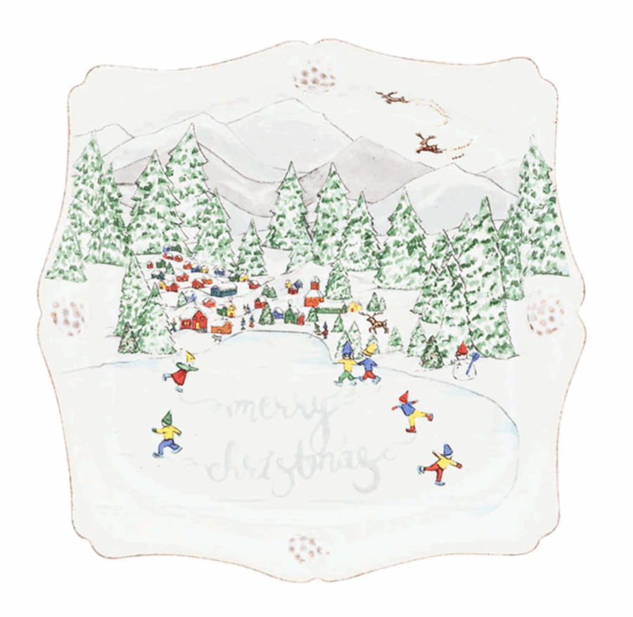 50 Under $50: Your Nashville Holiday Gift Guide - 7 Illustration of people ice skating on a frozen pond surrounded by snow-covered trees and cabins, with mountains and reindeer flying in the skyβperfect for a Nashville-inspired Holiday Gift Guide scene.