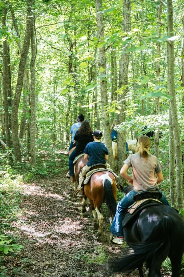 5 Beloved Tennessee Destinations for Adventure Lovers - 15 A group of people ride horses along a dirt trail through a lush, green forest, enjoying one of the many Tennessee outdoor adventures.
