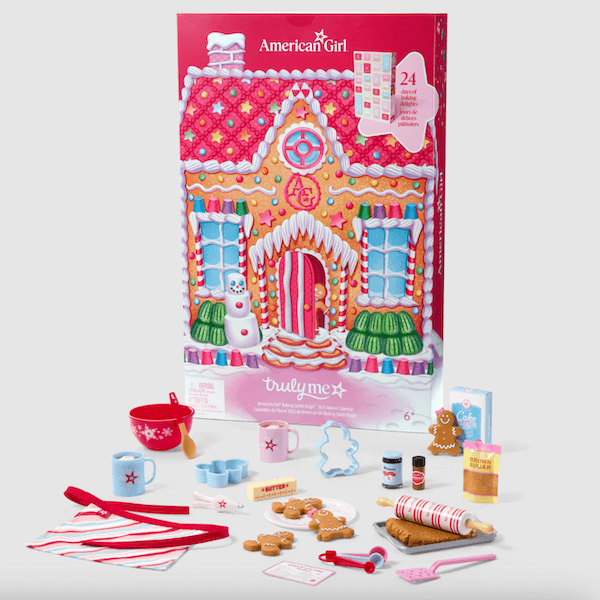 The BEST Advent Calendars for 2025 - 18 American Girl Truly Me Gingerbread House set with box and various miniature baking accessories, utensils, cookies, and decorations displayed in front—perfect for adding festive fun to your advent calendars display.