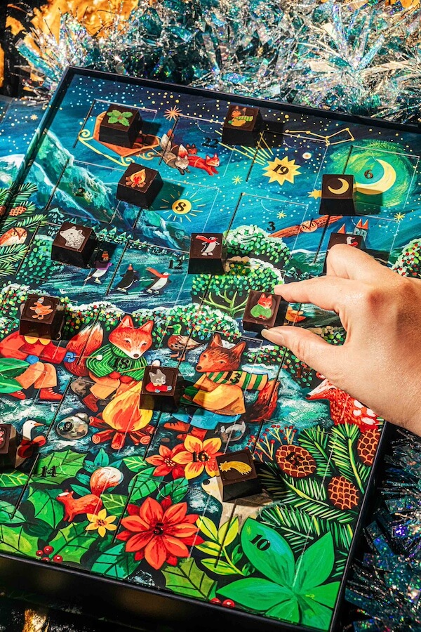 The BEST Advent Calendars for 2025 - 12 A hand opens a door on a colorful 2025 Advent Calendar decorated with animals, plants, and a night sky, surrounded by festive decorations.