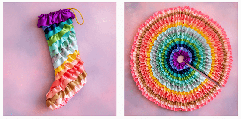 14 Southern Ornament & Stocking Shops We Love - 5 A colorful ruffled stocking and a circular ruffled mat with concentric rainbow layers, reminiscent of Southern Christmas decorations, are displayed on a pink background.