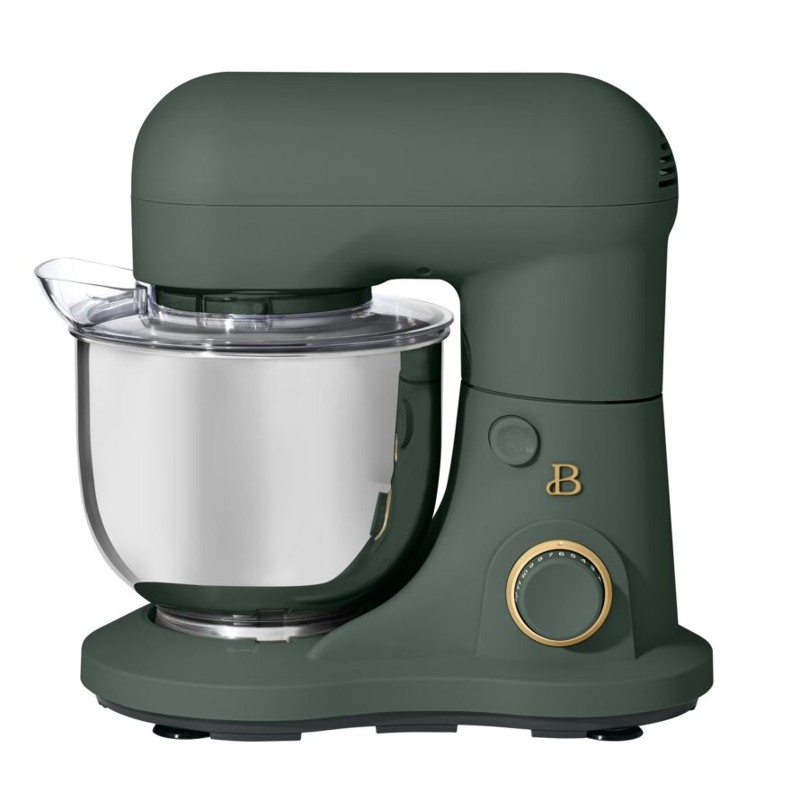 10 Gifts For Bakers Under $100 - 4 A dark green stand mixer with a stainless steel mixing bowl, clear plastic splash guard, and gold accents on the control knob and logoβan elegant choice for baker giftsβshown on a white background.