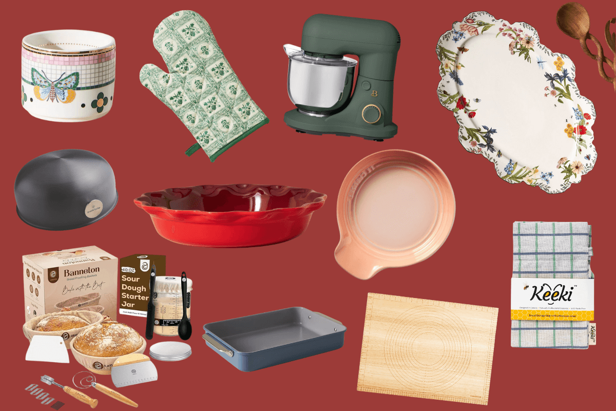 Assorted kitchen and baking items, perfect as gifts for bakers, including bowls, a mixer, an oven mitt, a bread box, bakeware, utensils, and a tea towel—all arranged on a bold red background.