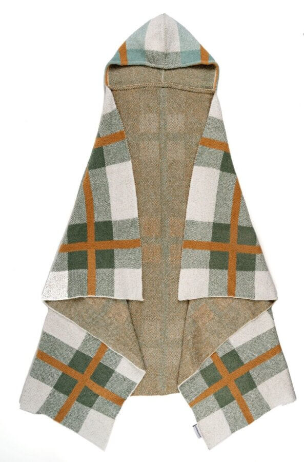 10 Unique Gift Ideas for Book Lovers - 11 Hooded wool garment with an open front, featuring a green, brown, and white plaid pattern. Laid flat and viewed from above—perfect for cozy reading sessions and unique gift ideas for book lovers.