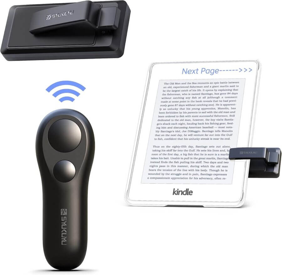 10 Unique Gift Ideas for Book Lovers - 3 A wireless remote with a clip attachment is shown next to an e-reader displaying text, demonstrating a handy device for turning pages on a Kindle—an ideal gift idea for book lovers.