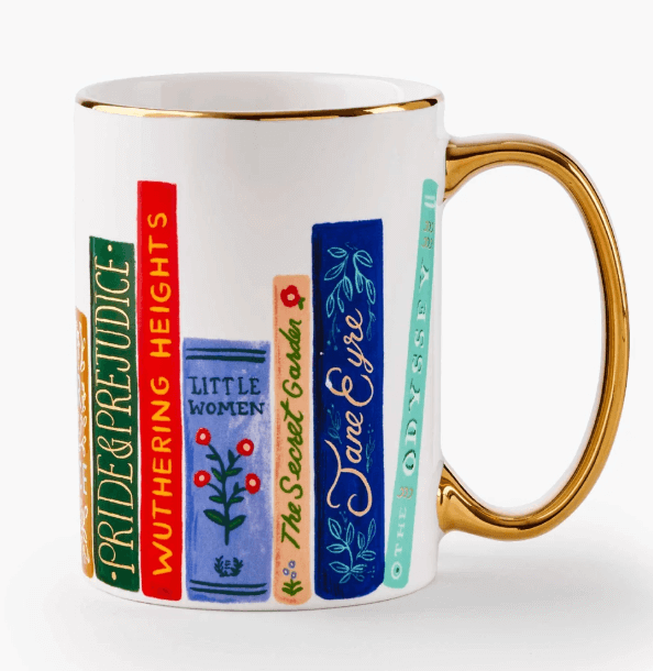 10 Unique Gift Ideas for Book Lovers - 9 White ceramic mug with gold handle featuring colorful illustrations of classic book spines, including "Pride and Prejudice," "Wuthering Heights," and "Jane Eyre." Perfect Book Lover Gift for adding charm to any reader's collection.