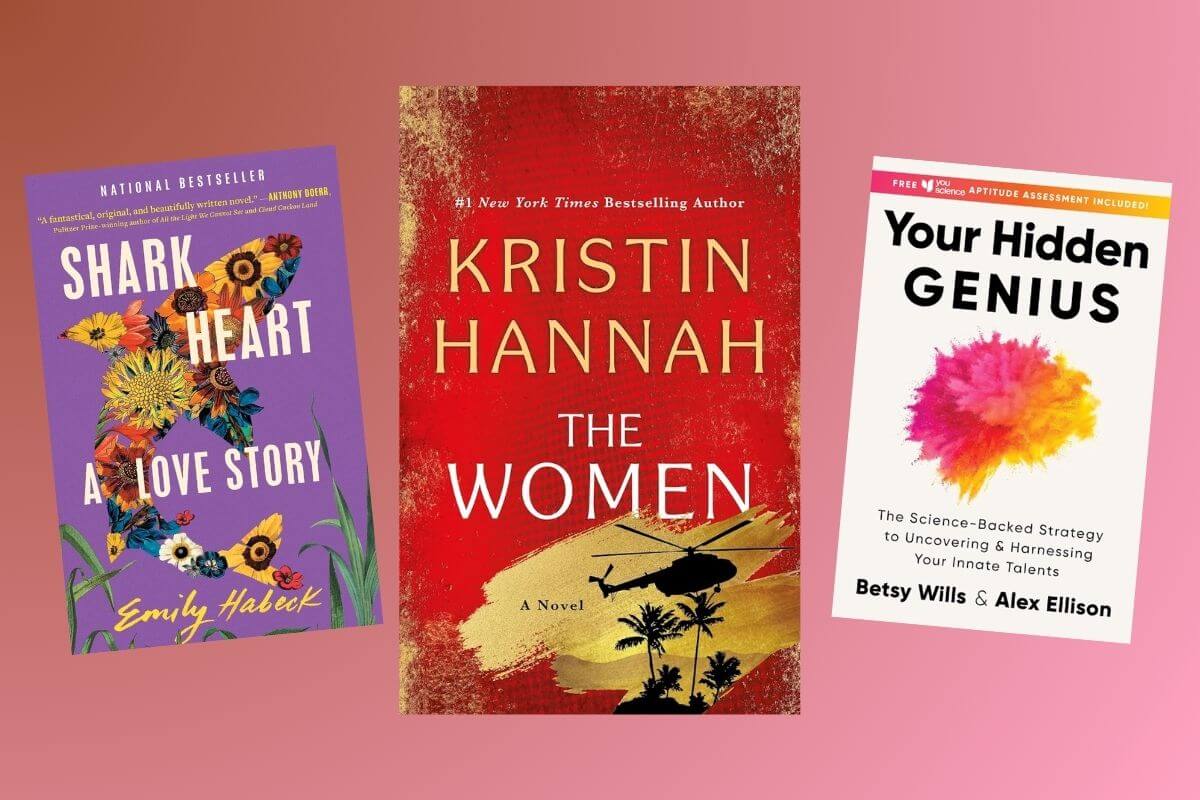 Three book covers—"Shark Heart," "The Women," and "Your Hidden Genius"—are displayed side by side against a pink background, showcasing StyleBlueprint's Favorite Books of 2025.