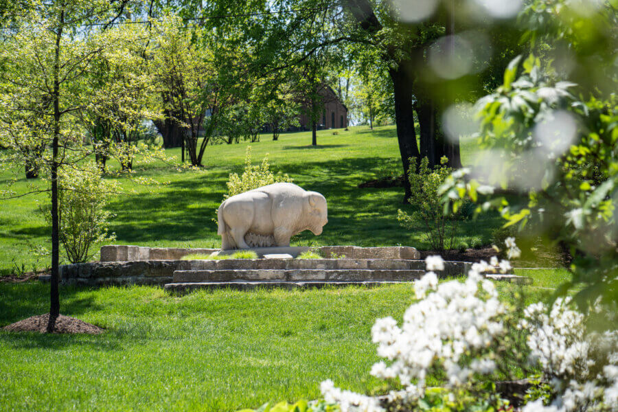 Are These Kentucky's Most Beautiful Distilleries? - 4 A white buffalo statue stands on a stone platform in a grassy park, surrounded by trees and flowering bushes.