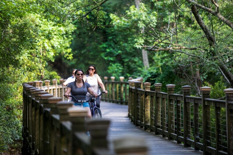 10 Digital Detox Destinations Around the South - 7 Three people ride bicycles on a wooden boardwalk surrounded by dense green trees in a forested area—one of the best places for a digital detox.