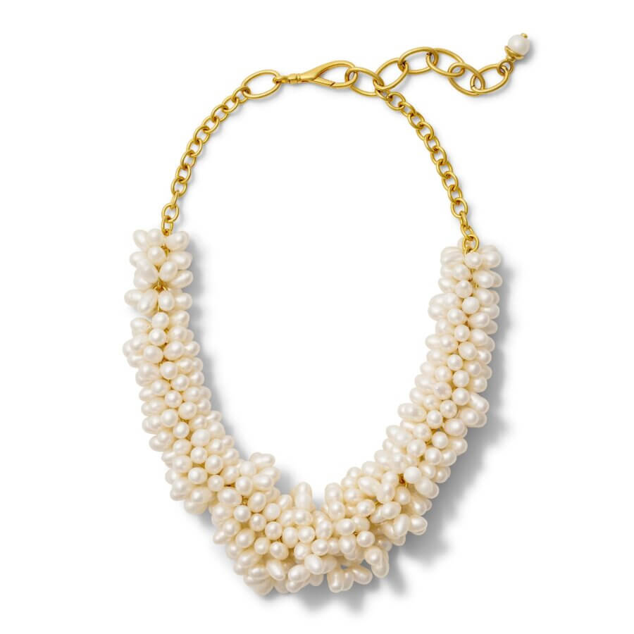 19 Luxurious Birmingham FINDS for the Holidays - 2 A gold chain necklace from Birmingham Luxe Loves features clusters of white pearls arranged densely at the front, with an adjustable clasp and extension chain.
