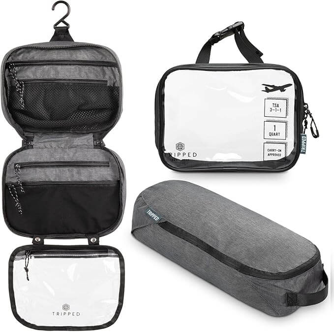 Buy It for Life: 5 Long-Lasting Travel Essentials Loved by Our Readers - 6 A set of three gray and clear travel bags, including a hanging toiletry bag, a rectangular pouch, and a cylindrical bag—displayed on a white background.