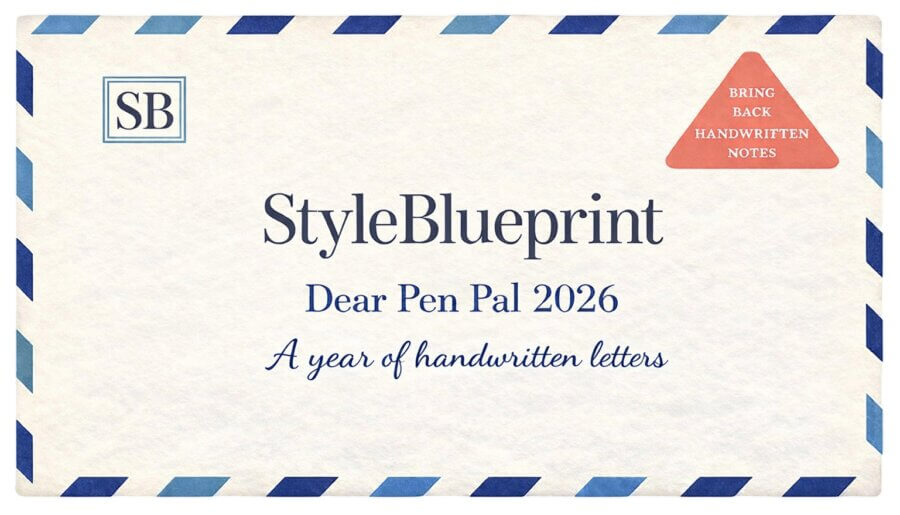 Dear Pen Pal: A Year of Handwritten Letters - 2 A vintage-style envelope with “StyleBlueprint Dear Pen Pal 2026—A year of handwritten letters” and a red triangle saying “Bring Back Handwritten Notes.”. Perfect for celebrating a year of letters and pen pal connections.