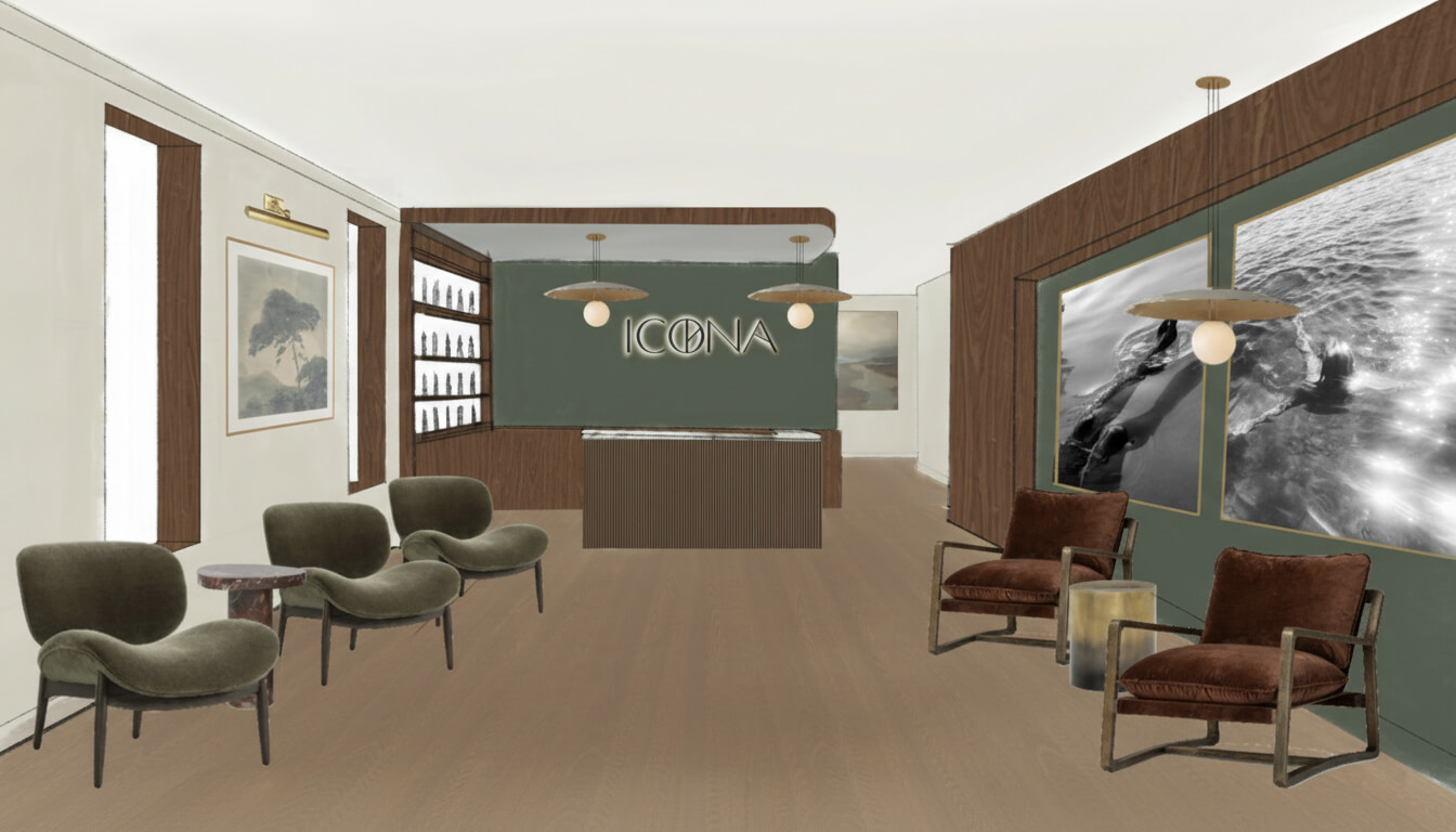 Modern waiting area with green and brown chairs, round tables, wall art, and a reception desk featuring "ICONA Hormone Health" on the wall behind, creating a warm and welcoming wellness environment.