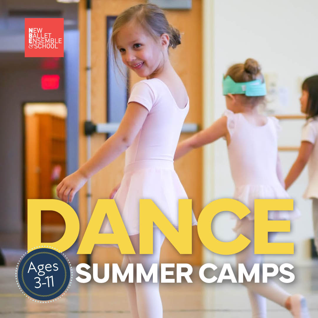 The 2026 Memphis Summer Camp Guide - 9 Young children in ballet attire participate in a dance class. Text overlay reads: "Dance Summer Camps, Ages 3-11, New Ballet Ensemble School—your destination for Memphis summer camps.