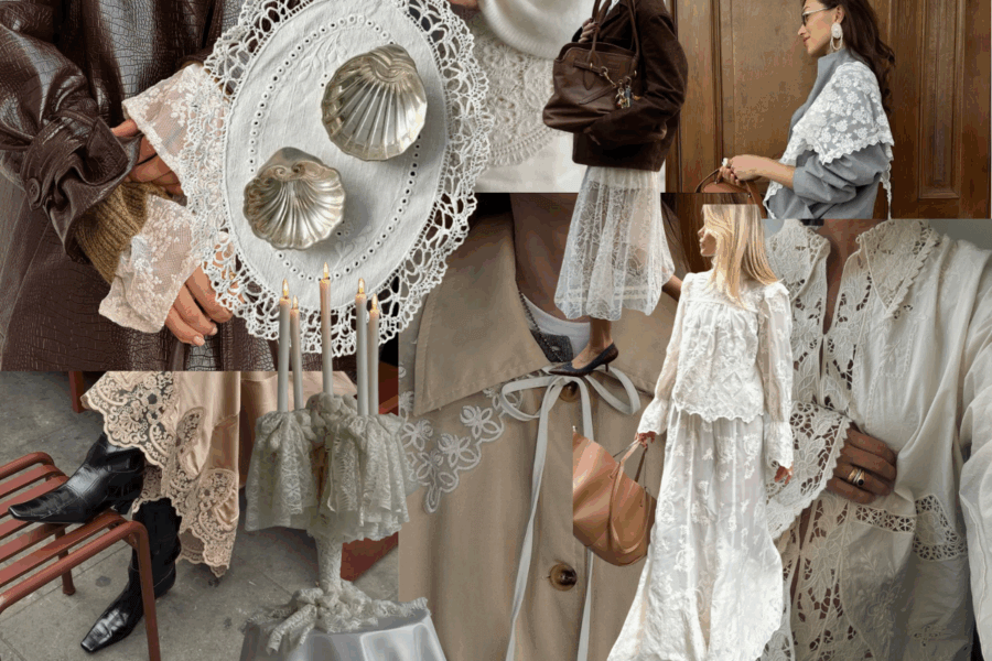 Trend Alert: Lace is Back! - 2 Collage of people wearing lace and leather clothing, close-ups of lace details, a brown handbag, decorative shells on a doily, and lace-wrapped candles on a plate.