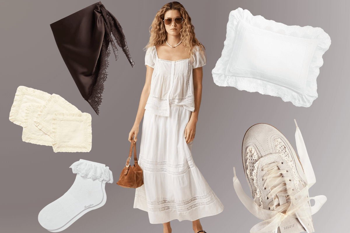 A woman in a white dress poses with sunglasses and a brown bag, surrounded by lace-trimmed linens, a brown headscarf, white frilled socks, and trending white lace sneakers—an effortless nod to timeless fashion.
