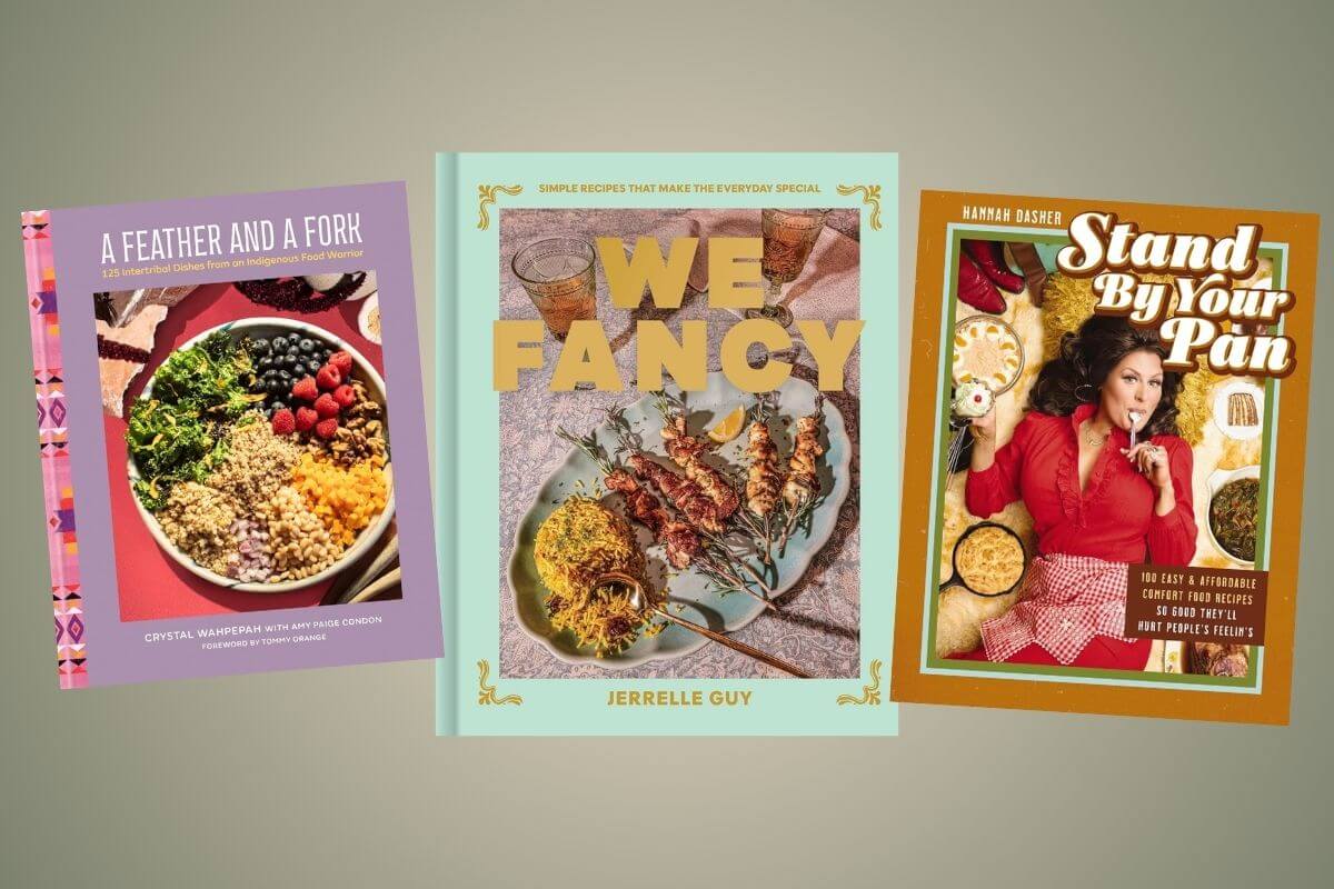 Three colorful cookbooks, showcasing 2026 cookbook releases, are displayed upright against a light gradient background, featuring distinct cover designs and food photography.