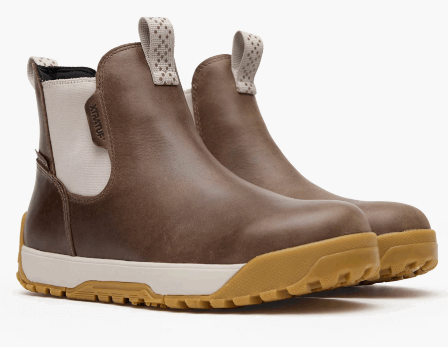 17 Birmingham FINDS for the New Year - 3 A pair of brown leather ankle boots with beige pull tabs, white side panels, and orange rubber soles, displayed on a white background.