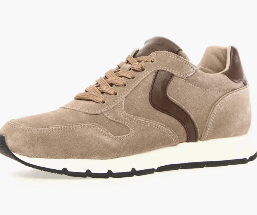 17 Birmingham FINDS for the New Year - 6 A beige suede sneaker with brown accents, tan laces, and a white and black rubber sole, photographed from the side against a white background.