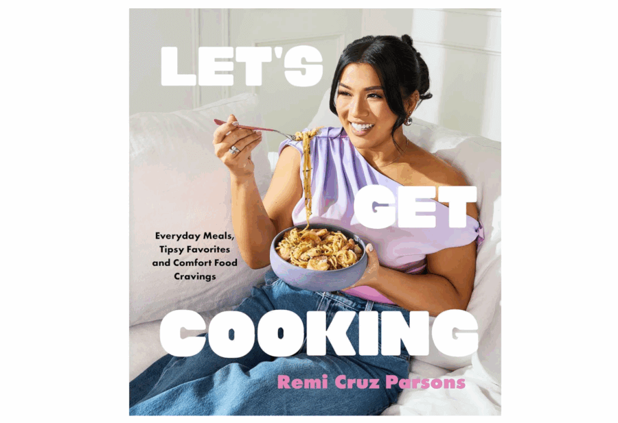 2026 Cookbook Releases We Can't Wait to Snag - 10 A woman sits on a sofa holding a bowl of noodles with chopsticks. The text on the image reads "LET'S GET COOKING" by Remi Cruz Parsons, one of the exciting upcoming cookbooks for fans eagerly awaiting new cookbooks.