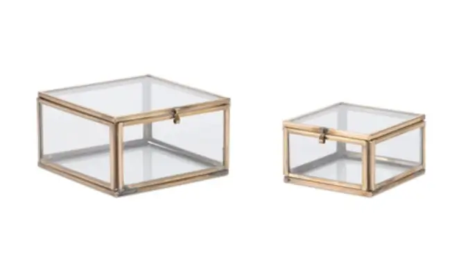 15 Memphis FINDS to See You Through January - 13 Two rectangular glass boxes with brass-colored metal frames, perfect for displaying your favorite finds, sit side by side on a white backgroundβideal for adding a fresh touch to your space this New Year.