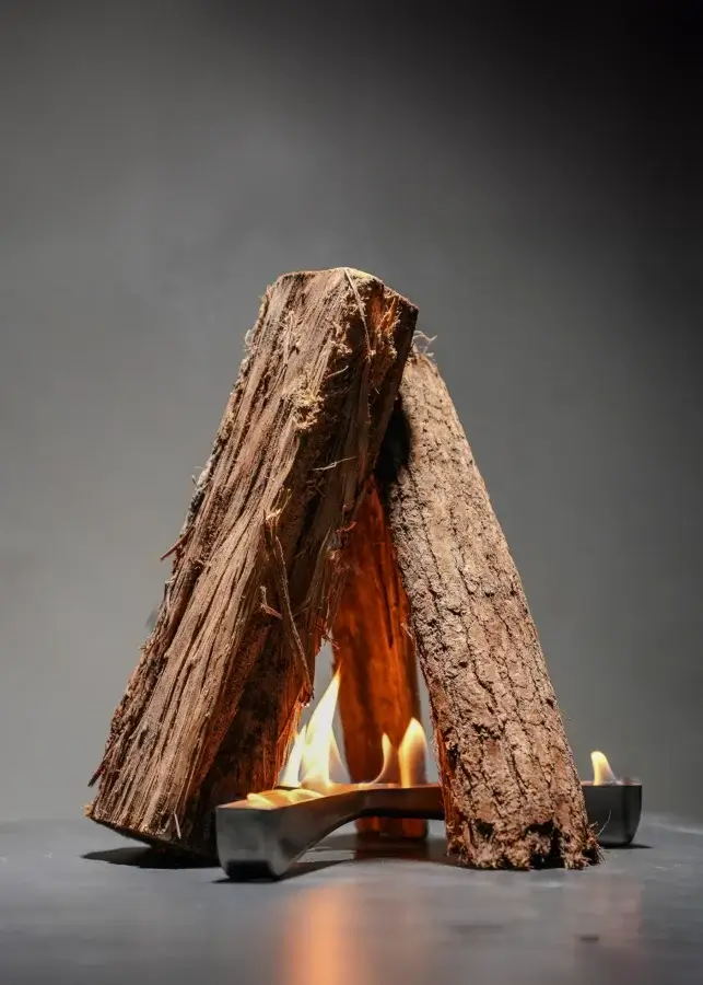 15 Memphis FINDS to See You Through January - 9 Three pieces of firewood arranged in a teepee shape with small flames burning at their base, evoking the warmth of a Memphis New Year, all set against a plain gray background.