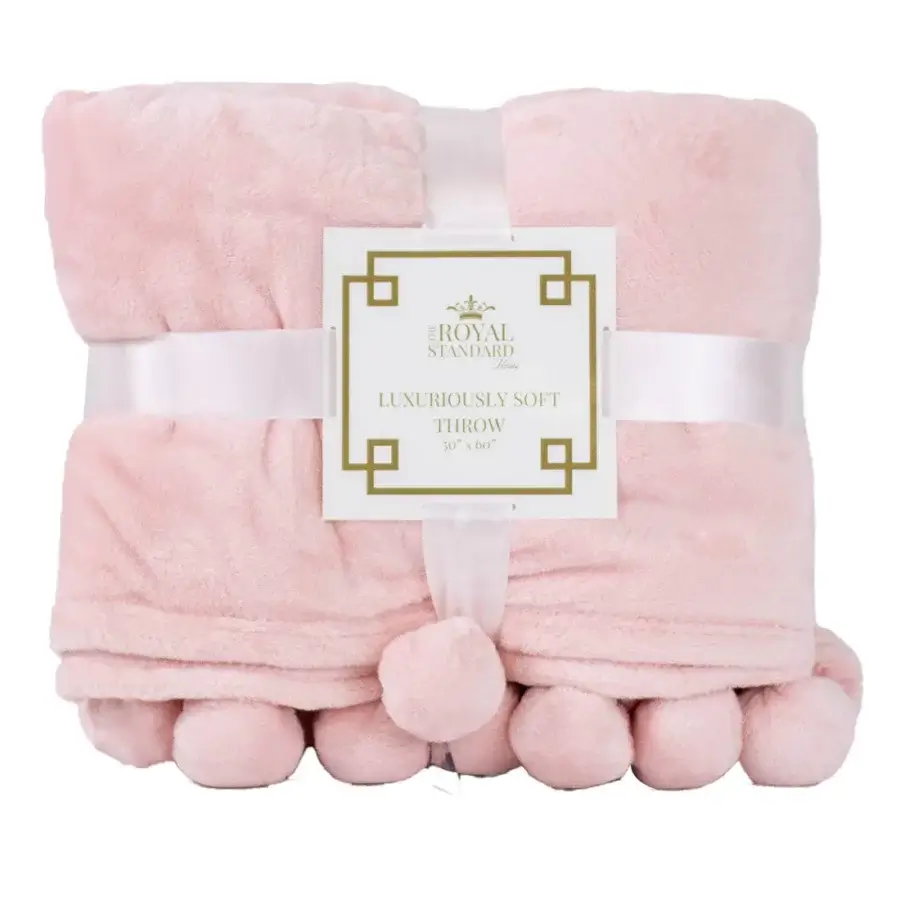 15 Memphis FINDS to See You Through January - 10 A folded light pink plush throw blanket with pom-pom trim, wrapped in a white ribbon and labeled "Luxuriously Soft Throw, 50 x 60", The Royal Standardβone of our coziest New Year finds in Memphis.