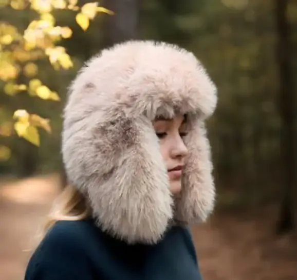15 Memphis FINDS to See You Through January - 16 A person wearing a large, fluffy, light-colored fur hat stands outdoors with trees in the background, ready to welcome the New Year in styleβan eye-catching look perfect for Memphis Finds.