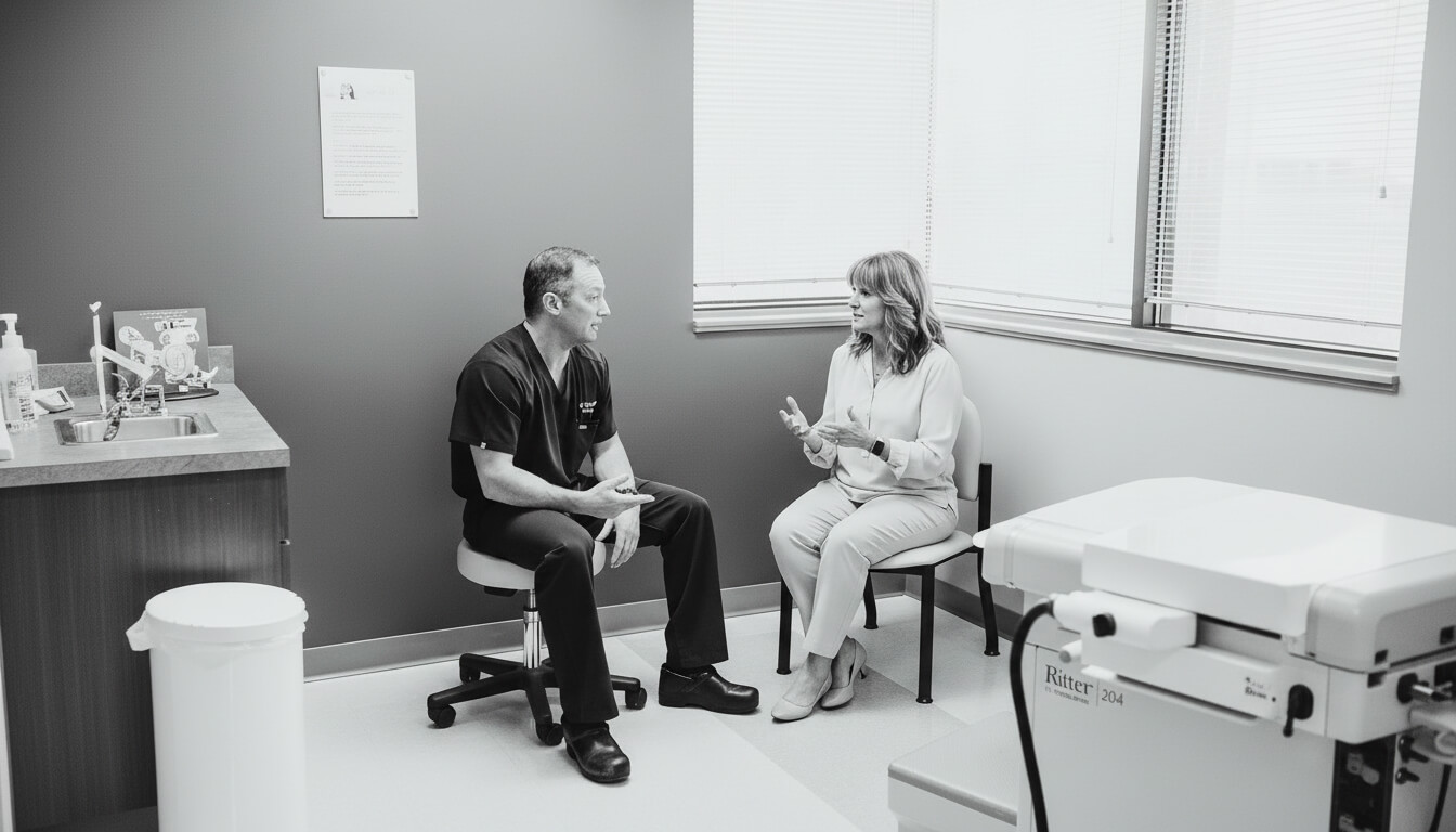 A doctor and a woman sit and talk in a medical examination room at Icona Health. The doctor is on a stool, while the woman sits by the window. Medical equipment is visible throughout the room.
