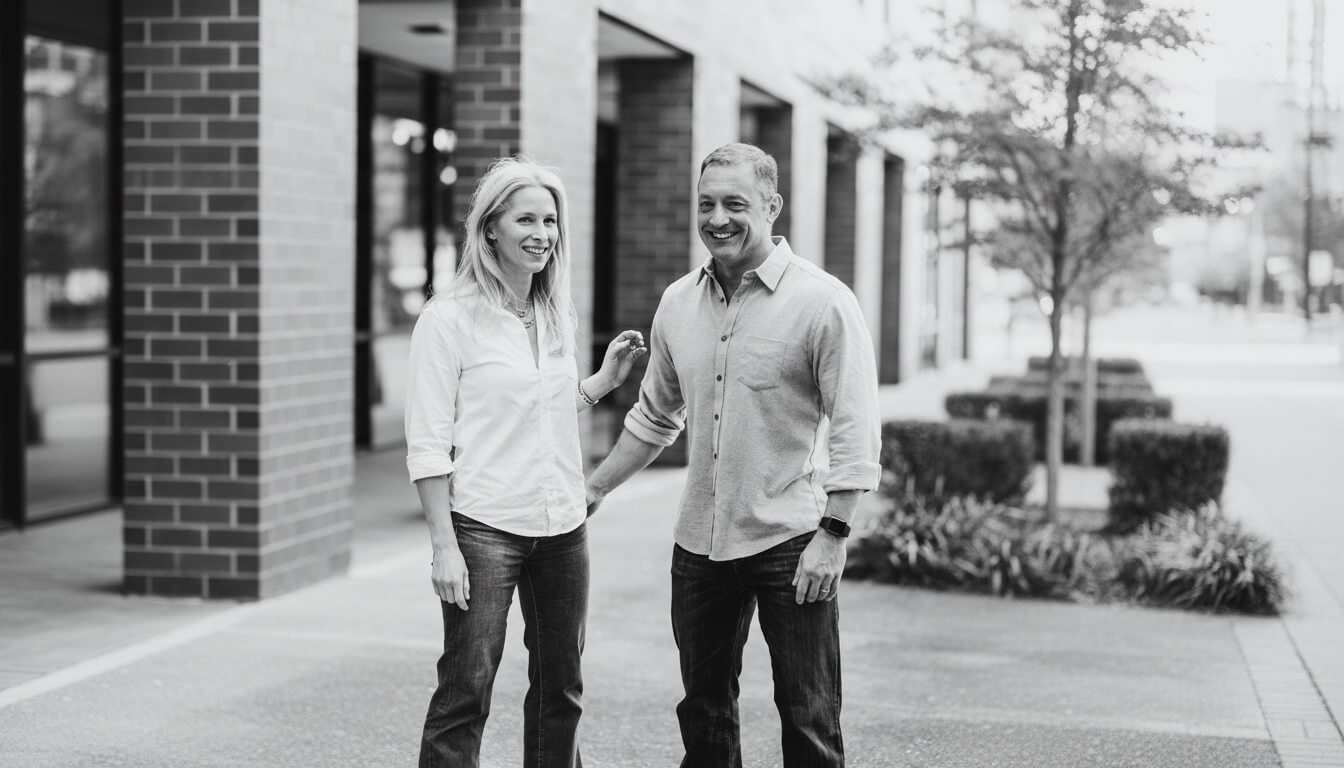 A woman and a man stand outside near a brick building, smiling and casually dressed in jeans and button-down shirts, radiating the approachable spirit of Icona Health.