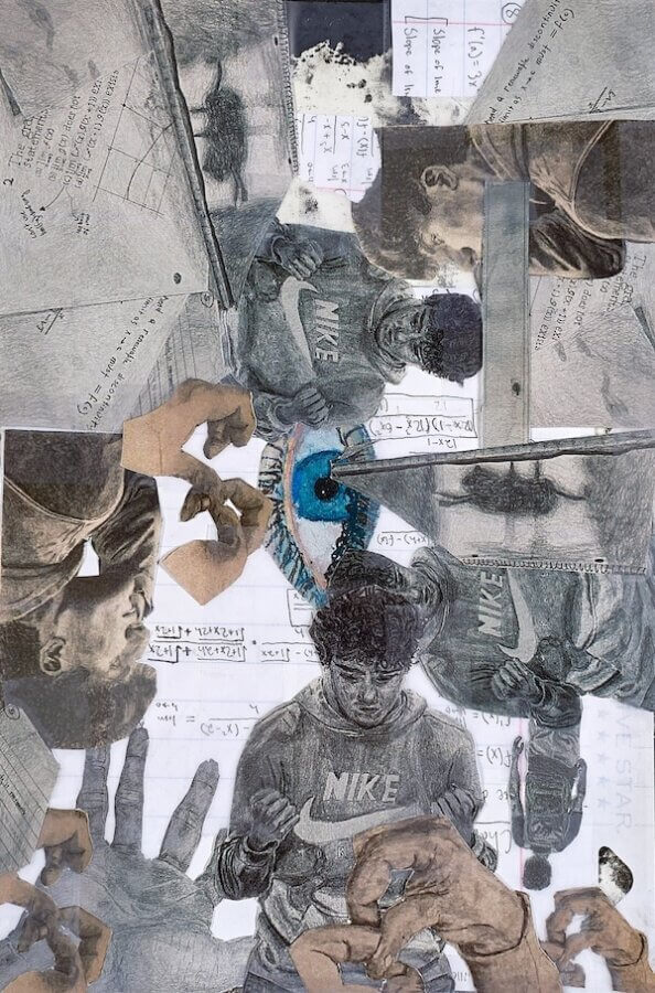 The Goldfinch Foundation Gives Nashville Youth a Lifeline - 5 A collage of a young man in a Nike sweatshirt, surrounded by multiple drawings of hands, sketches of an eye, and math equations on paper, inspired by Dr. Elisabeth Willers and The Goldfinch Foundation.