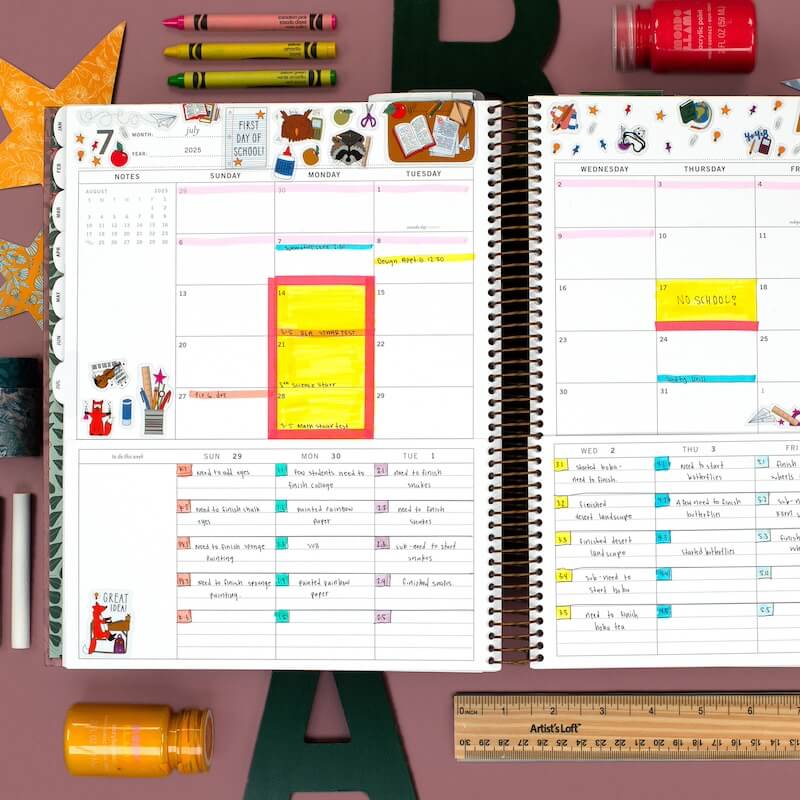 The 2026 Life Hack You Need? A Laurel Denise Planner - 6 Open Laurel Denise Planner with colorful pens, crayons, and stickers, showing a monthly and weekly layout filled with handwritten notes—a true 2026 Life Hack for keeping track of events and reminders.