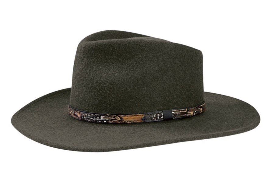 8 Crushable Hats, Perfect for Travel - 2 A dark green felt wide-brimmed hat with a patterned band around the base of the crown, this stylish piece is one of our top packable hats, perfect for travel and shown against a white background.