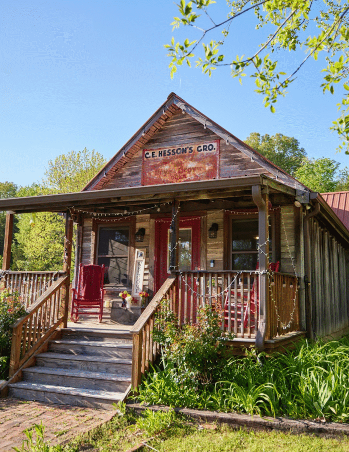9 Hidden Gems to Visit in the South - 17 A rustic wooden building with a porch and rocking chairs, featuring a weathered sign reading "C.E. Hesson's Gro." amid green plants and trees—a true hidden gem of the South perfect for travel enthusiasts.