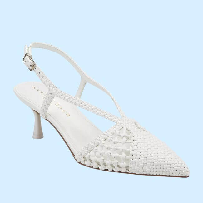 6 Spring 2026 Fashion Trends + How to Wear Them - 15 White woven leather slingback kitten heel with pointed toe and side buckle, displayed on a light blue background—a chic choice for embracing Spring 2026 Fashion Trends.