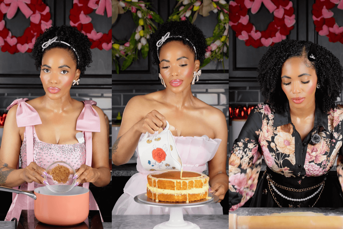 Three images of a woman, reminiscent of Sonja Norwood’s style, in different outfits preparing desserts: mixing ingredients, decorating a cake, and working with dough in a kitchen with floral decorations.