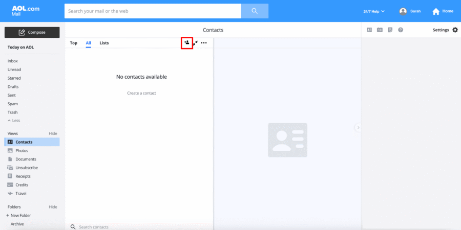 AOL Inbox Guide - 2 AOL Mail Contacts page displaying no contacts, with the "Add Contact" icon highlighted in the top-center toolbar—a helpful guide for managing your AOL whitelist.