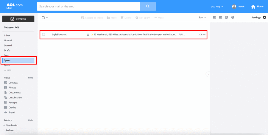 AOL Inbox Guide - 4 AOL Mail inbox with the Spam folder open, showing one unread email from "StyleBlueprint" highlighted—perfect for following a whitelisting guide to ensure important messages land in your AOL inbox, not spam.